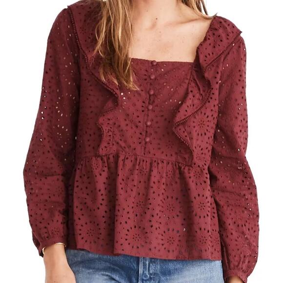 Madewell Top Eyelet Pom Pom Ruffle Lace Spring Summer Boho Burgundy Red Size XXS - Picture 1 of 11